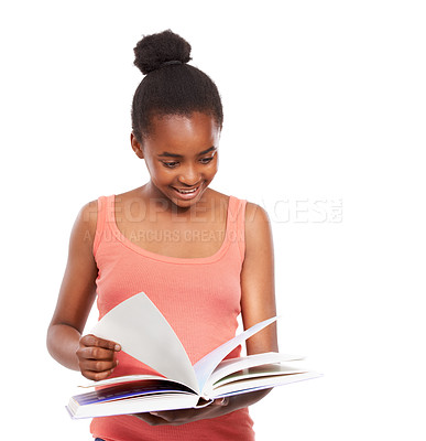 Buy stock photo Thinking, black girl and reading a book with a smile, education and knowledge isolated on a white studio background. African person, kid and model with information, hobby and activity with student