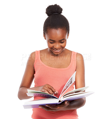 Buy stock photo Thinking, black girl and reading a book with knowledge, education and student isolated on a white studio background. African person, kid and model with information, hobby and activity with a smile