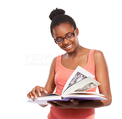 Buy stock photo Thinking, black girl and kid with a picture book, smile and knowledge isolated on a white studio background. African person, child and model with information, hobby and activity with student and info