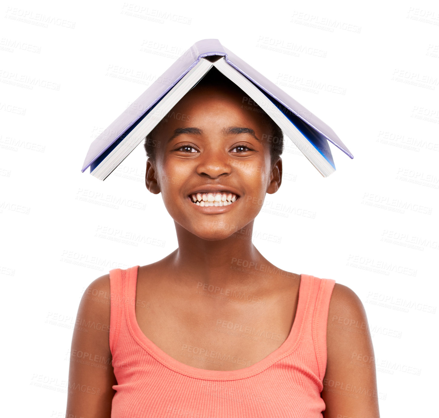 Buy stock photo Portrait, smile and black girl with book on her head, education and balance isolated on a white studio background. Face, African person and model with mockup space and learning with student or kid