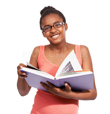 Buy stock photo Portrait, smile and black girl with a book, knowledge and glasses isolated on white studio background. Face, African person or teenager with hobby, eyewear or cheerful with child, student or learning