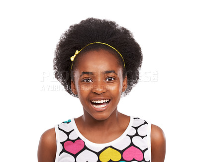 Buy stock photo Smile, portrait and young black girl in a studio with positive, good and confident attitude. Sweet, happy and headshot face of gen z African teenager with natural hair isolated by white background.