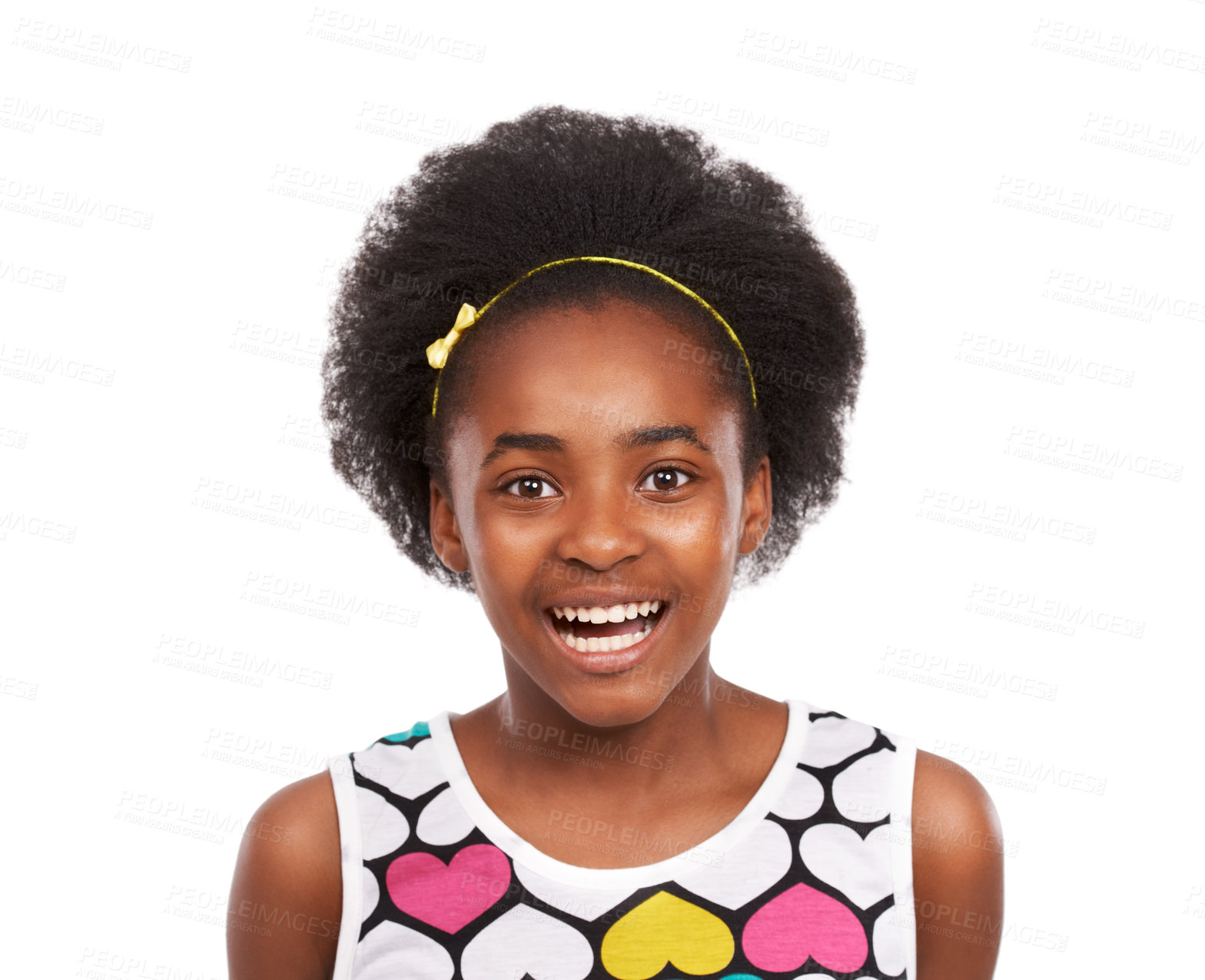 Buy stock photo Smile, portrait and young black girl in a studio with positive, good and confident attitude. Sweet, happy and headshot face of gen z African teenager with natural hair isolated by white background.