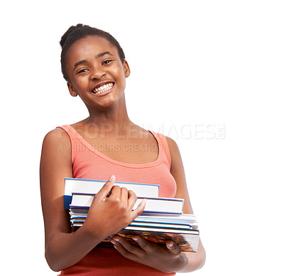 Buy stock photo Portrait, student and black girl with a book, education and knowledge isolated on a white studio background. Face, African person or model with hobby, happy and cheerful with info, smile and learning