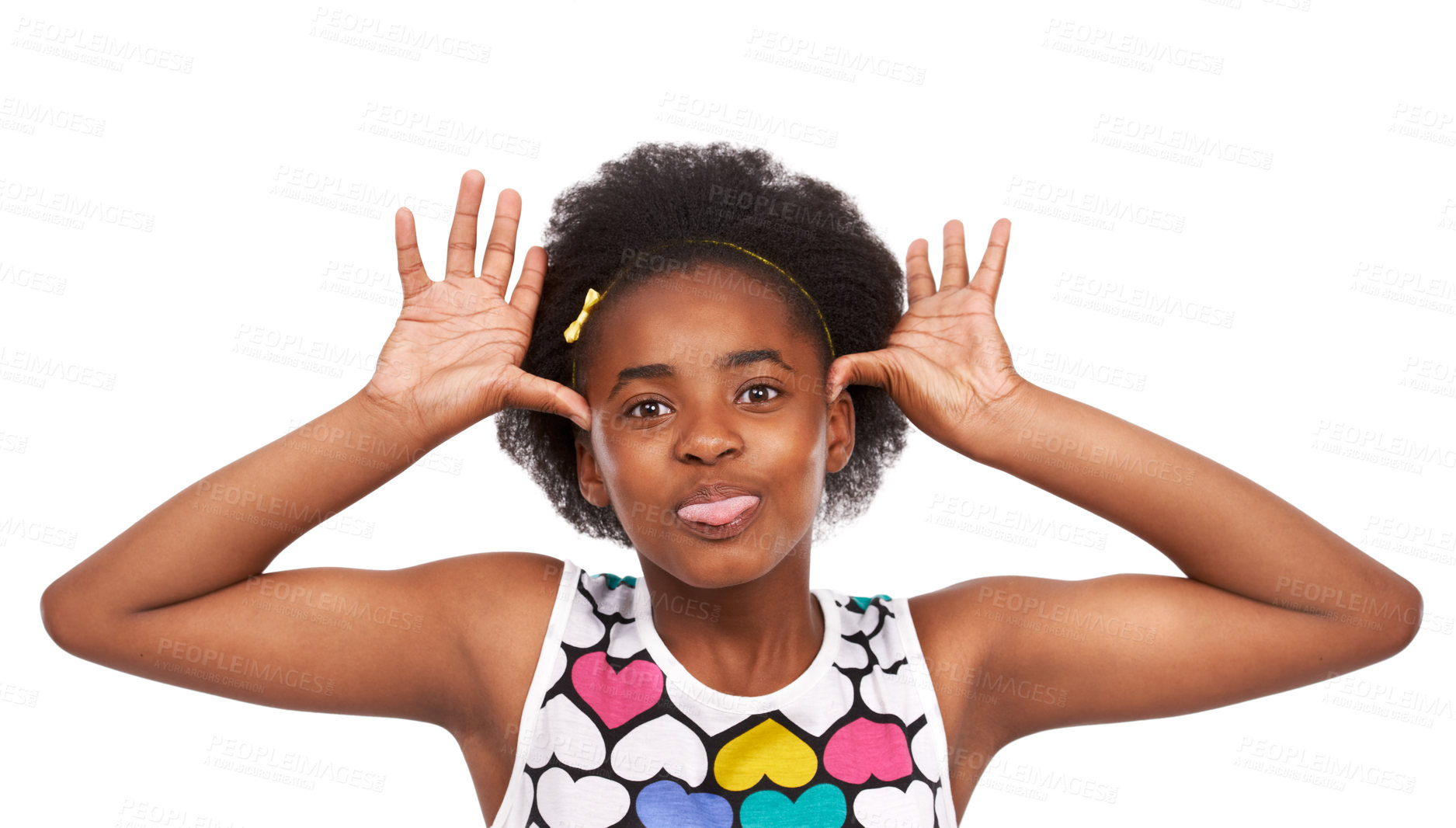 Buy stock photo Goofy, funny and portrait of black girl in a studio with tongue out for crazy facial expression. Comedy, joke and young African child with tease, comic and silly face isolated by white background.