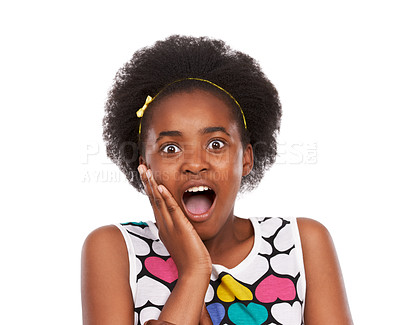 Buy stock photo Shock, portrait and young black girl in a studio with wow, wtf or omg facial expression for good news. Sweet, excited and headshot of African teenager with surprise face isolated by white background.