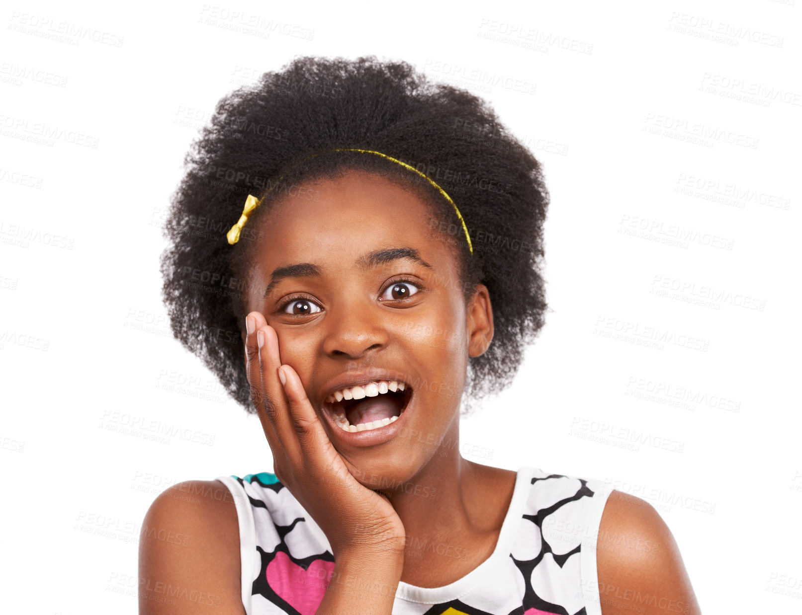 Buy stock photo Surprise, portrait and young black girl in a studio with wow, wtf or omg facial expression for good news. Sweet, excited and headshot of African teenager with shock face isolated by white background.