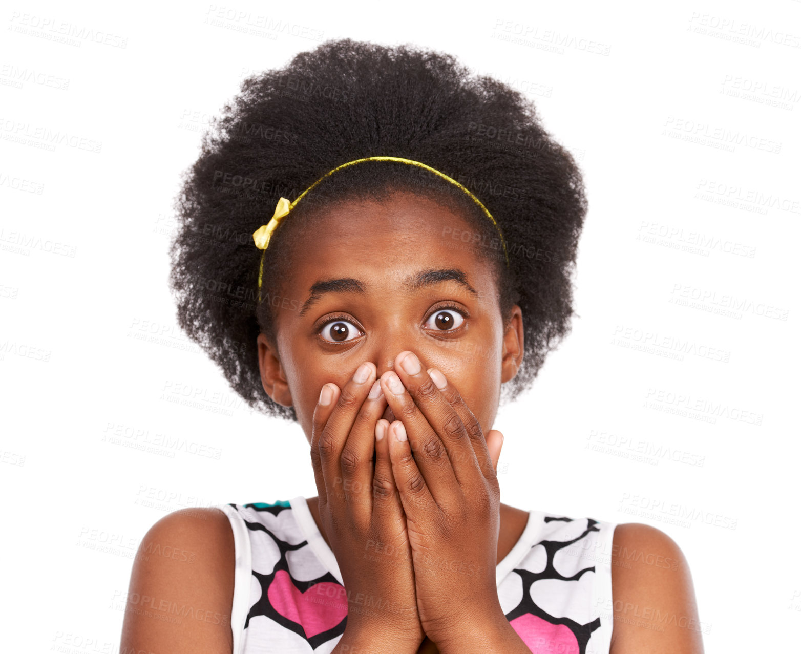 Buy stock photo Shock, portrait and young black girl in a studio with wow, wtf or omg facial expression for good news. Sweet, excited and headshot of African teenager with surprise face isolated by white background.