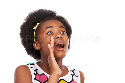 Buy stock photo Surprise, shouting and young black girl in studio with wow, wtf or omg facial expression for bad news. Scared, screaming and African teenager with shock and amazing face isolated by white background.