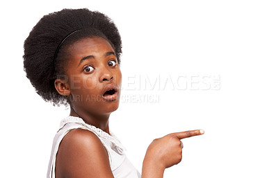 Buy stock photo Shock, pointing and portrait of black girl in studio with mockup space for marketing or advertising. Surprise, sale and African child with wow, omg or wtf face expression isolated by white background