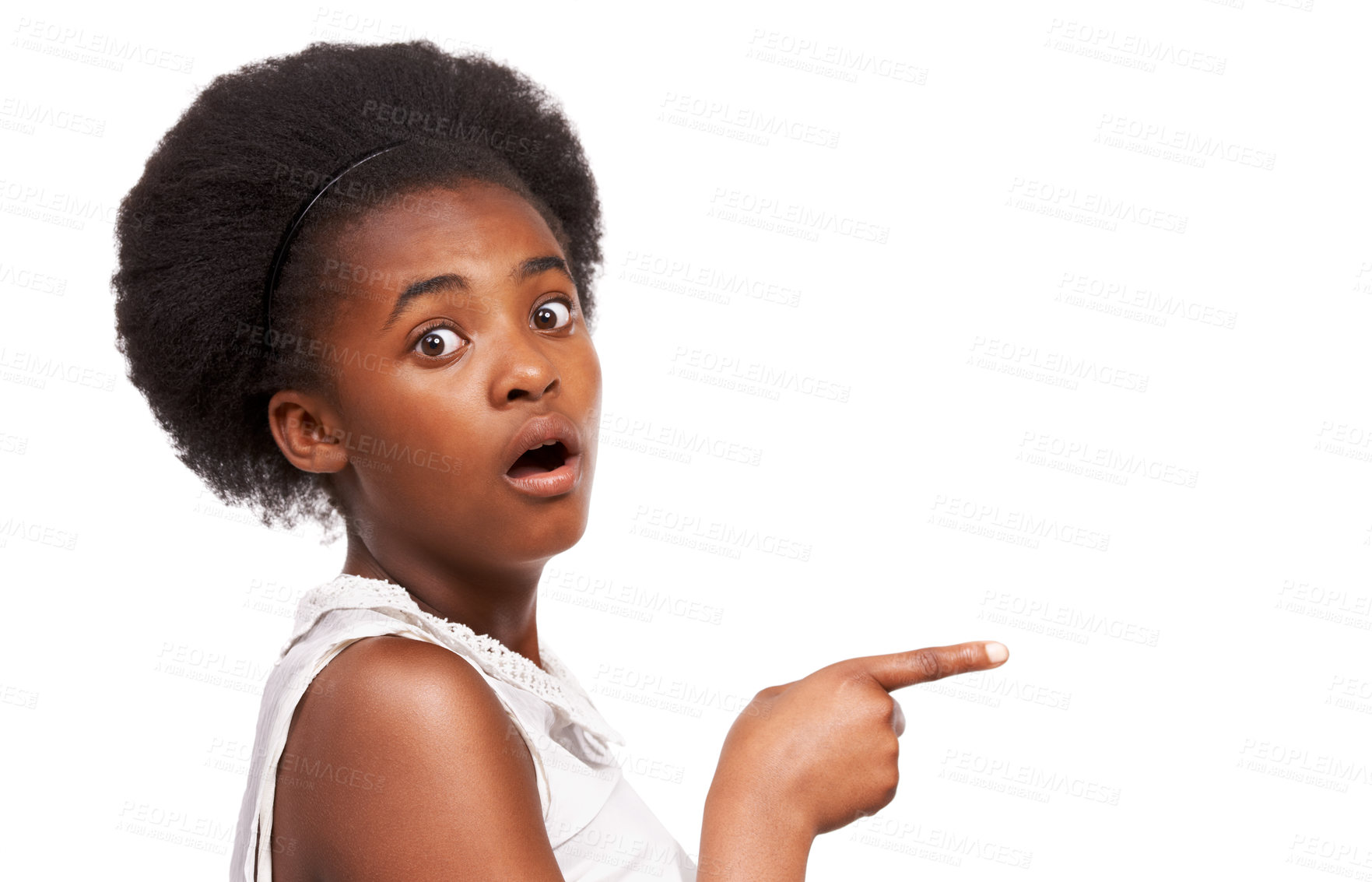 Buy stock photo Shock, pointing and portrait of black girl in studio with mockup space for marketing or advertising. Surprise, sale and African child with wow, omg or wtf face expression isolated by white background