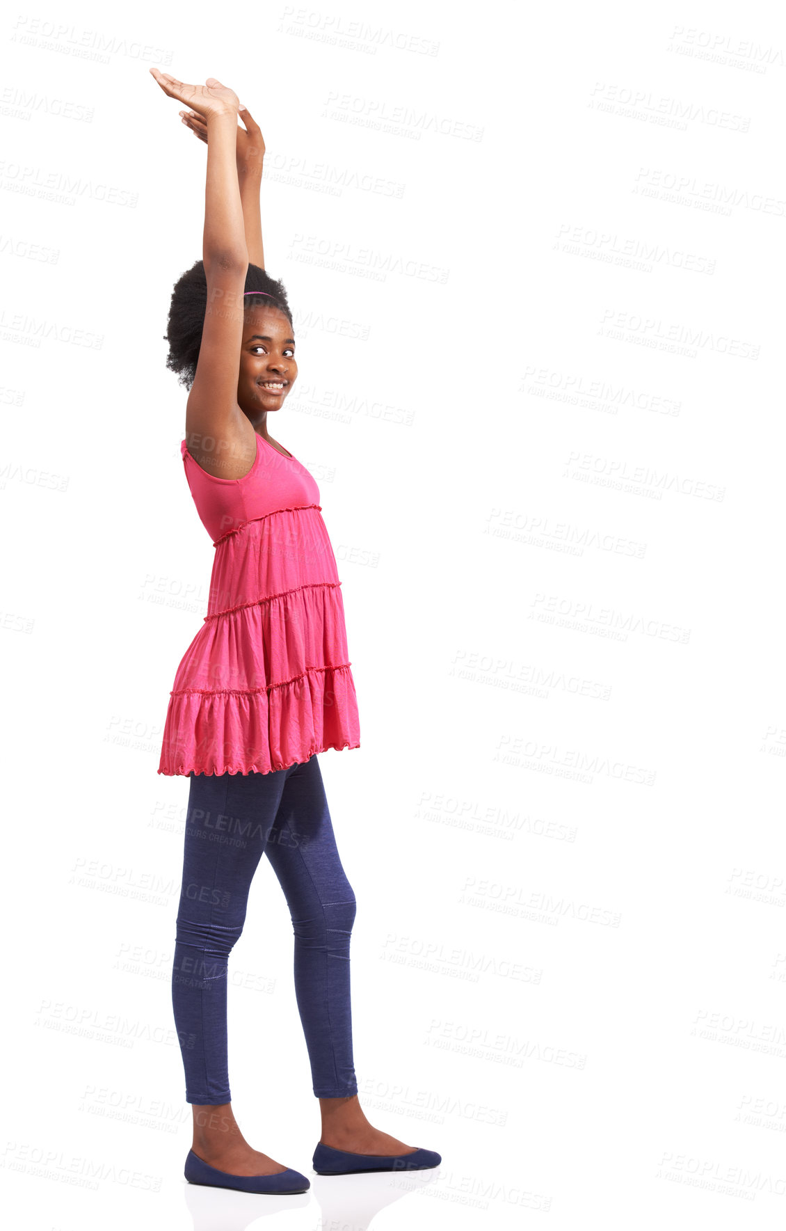 Buy stock photo Portrait, fashion and children with a black girl hands raised in studio isolated on a white background. Smile, winner or celebration and a happy young model kids with a victory gesture for success