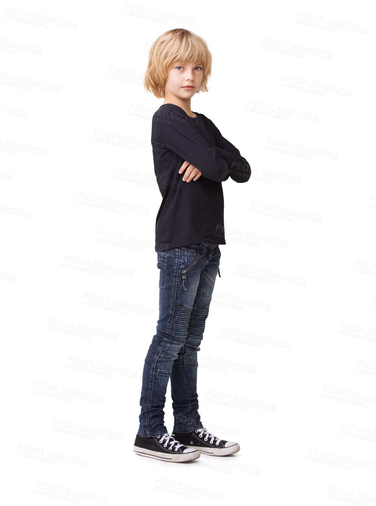 Buy stock photo Fashion, arms crossed and portrait of child in studio for trendy, girl student and casual style. Beauty, cool and mockup with face of person on white background for confidence, young and attitude