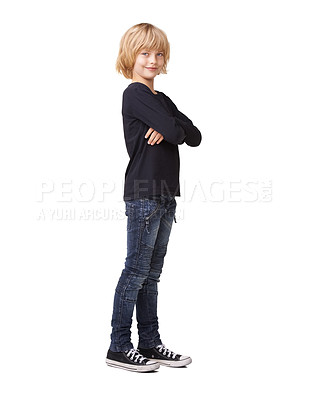 Buy stock photo Portrait of a pretty little girl standing with arms crossed and smiling against a white background