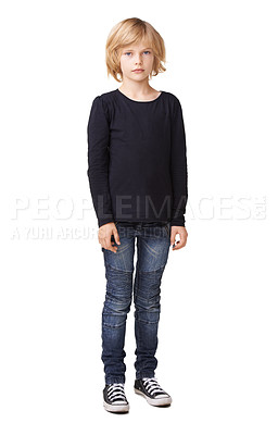 Buy stock photo Full body portrait of a pretty little girl standing against a white background
