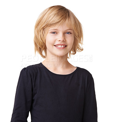 Buy stock photo Portrait, fashion and youth with a blonde girl in studio isolated on a white background for style. Smile, kids and confident a happy young child model in a casual, trendy or relaxed clothes outfit