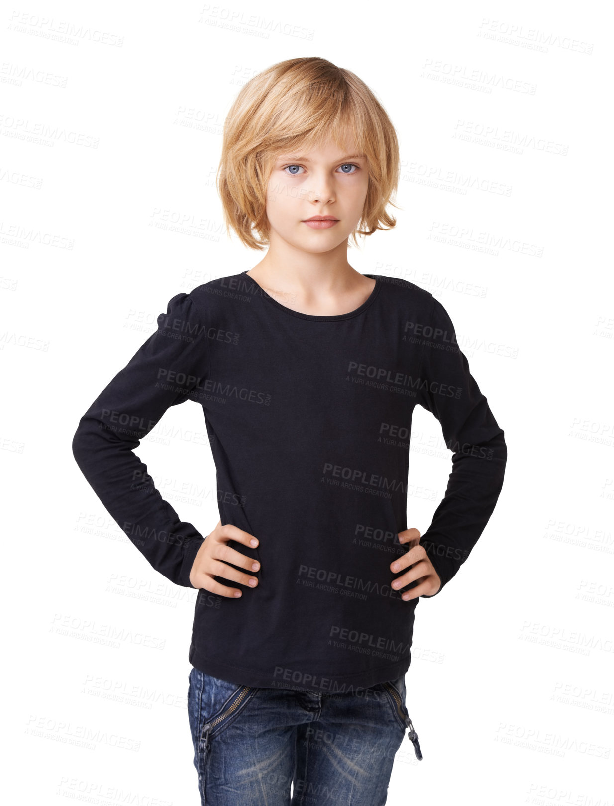 Buy stock photo Fashion, cute and portrait of child in studio for trendy, girl student and casual style. Beauty, cool and mockup with face of female person on white background for confidence, young and attitude