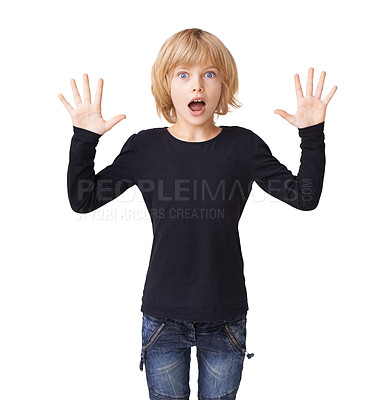 Buy stock photo Portrait, wow or surprise with a young girl in studio isolated on white background for reaction. Emoji, kids and amazing with an excited blonde child looking shocked by a notification or announcement