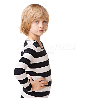 Buy stock photo Fashion, space and portrait of child in studio for trendy, girl student and casual style. Beauty, cool and mockup with face of female person on white background for confidence, young and attitude