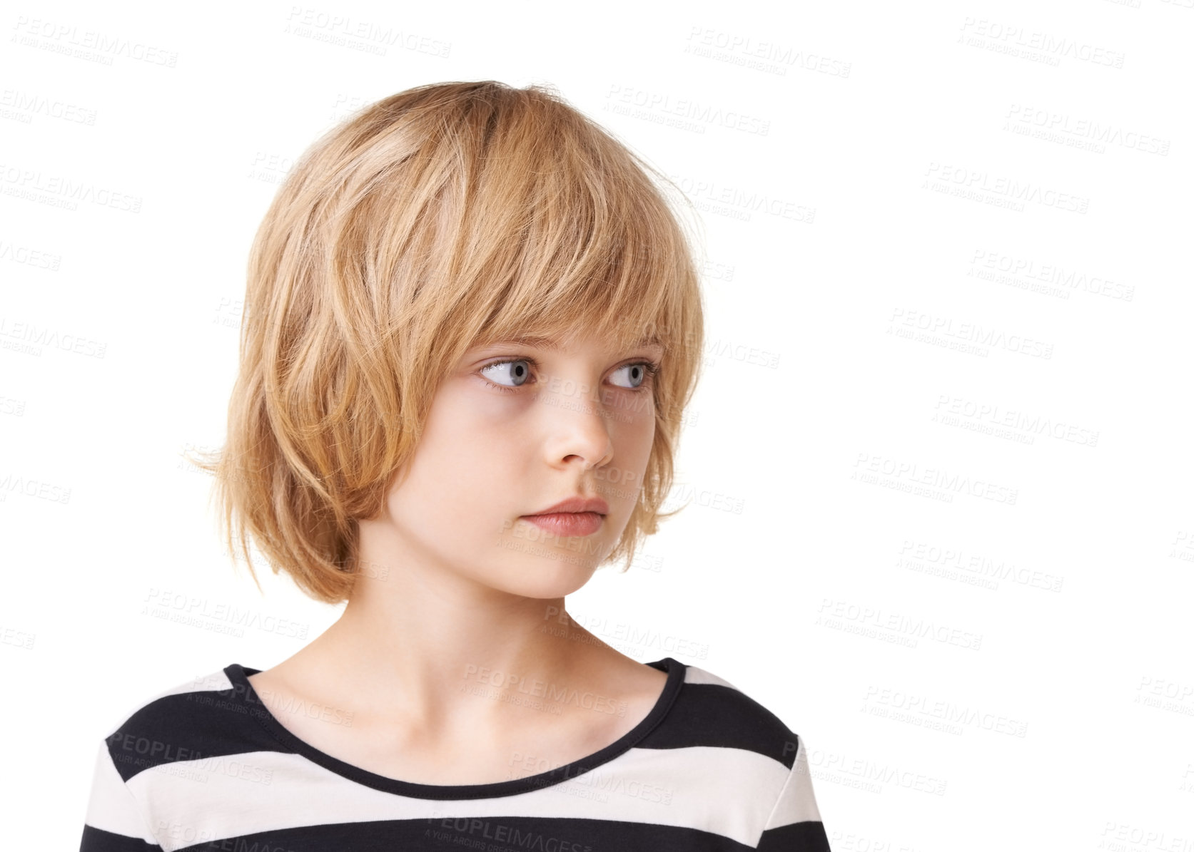 Buy stock photo Head and shoulder shot of a pretty little girl standing against a white background