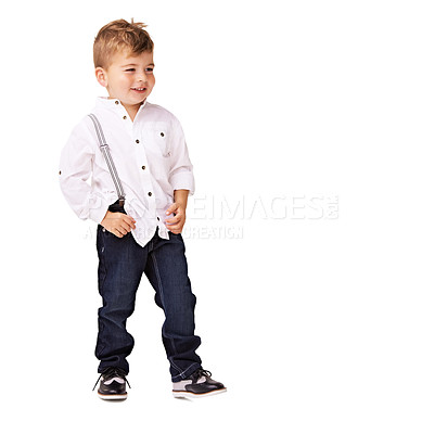 Buy stock photo A cute little boy posing on a white background