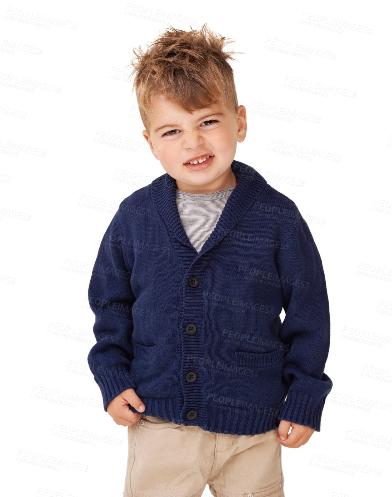 Buy stock photo Portrait, cute and young kid in studio isolated on a white background in Australia. Face, child and adorable boy standing in casual clothes, fashion and confident model, preschooler and schoolchild