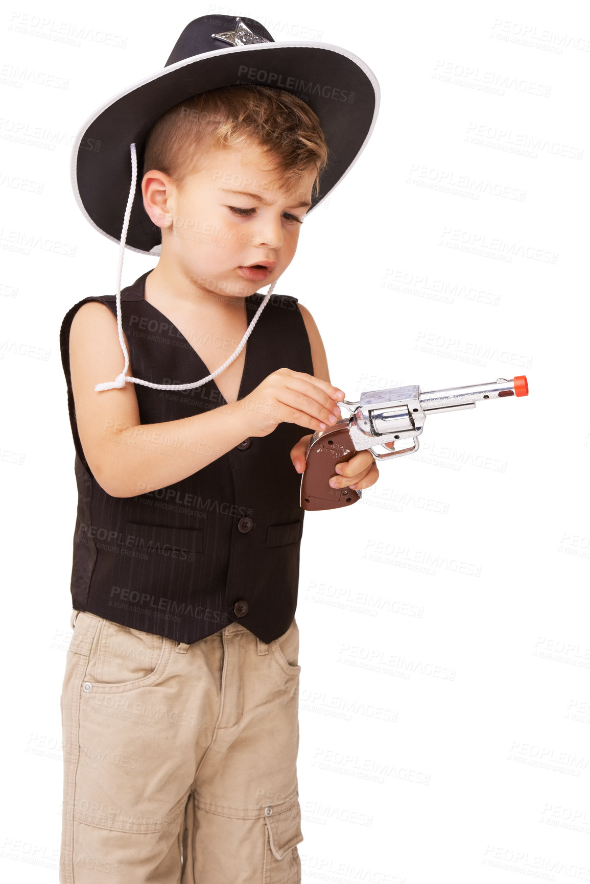 Buy stock photo Kid, cowboy hat and revolver gun in studio isolated on a white background mockup space. Child, toy pistol and play in western costume for halloween, shooting or young boy dress up on holiday for fun
