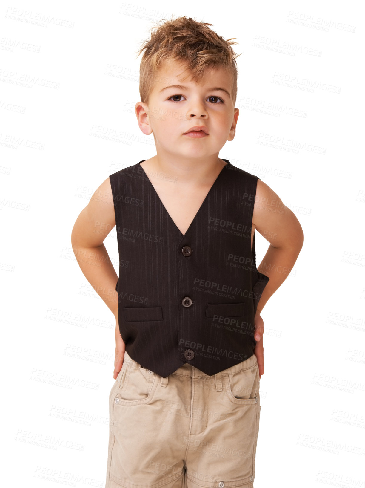 Buy stock photo Studio portrait, fashion and casual child in trendy clothes, apparel or fashionable outfit, attire or style. Young boy, stylish and youth kid in chino pants, vest and isolated on white background