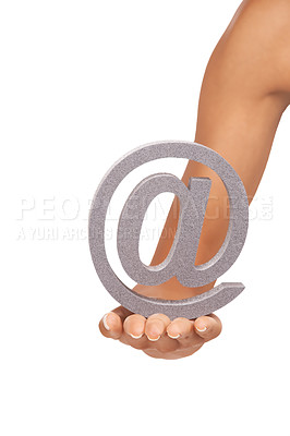 Buy stock photo Hands, @ sign and closeup on a white background in studio isolated on mockup or copy space. Fingers, palm and at symbol, font and letter, character and icon for address, social media and alphabet