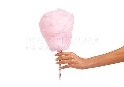 Buy stock photo Closeup, woman and hand with cotton candy, dessert and sweets isolated against a white studio background. Zoom, female person and model with a carnival snack, tasty and fingers with sugar clouds