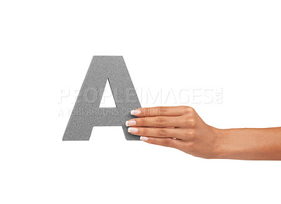 Buy stock photo Alphabet, uppercase and a hand with capital letter A for learning, advertising or font. A woman show sign, character or icon for communication, typo and grammar isolated on a studio white background
