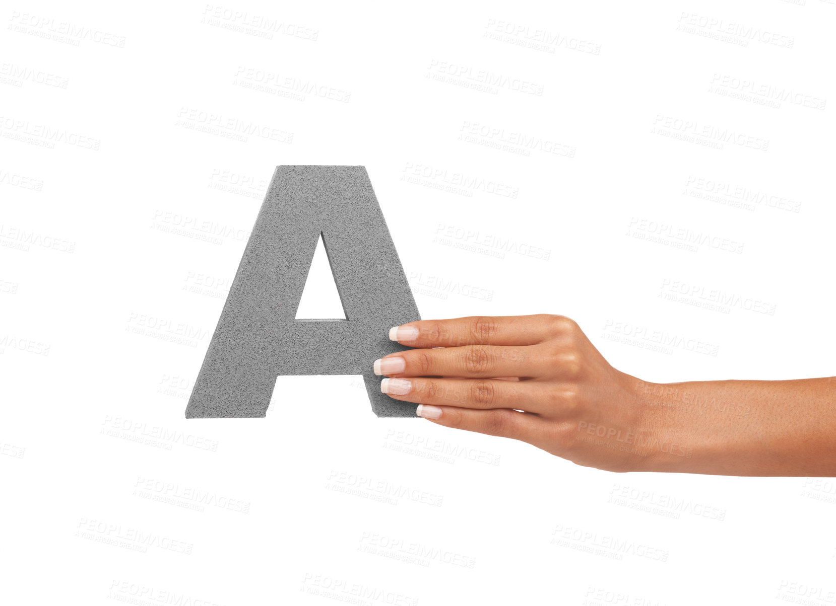 Buy stock photo Alphabet, uppercase and a hand with capital letter A for learning, advertising or font. A woman show sign, character or icon for communication, typo and grammar isolated on a studio white background
