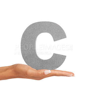 Buy stock photo Woman, hand and letter or font in studio for advertising, learning or teaching presentation. Sign, alphabet or character for marketing, text or communication and grammar or symbol on white background