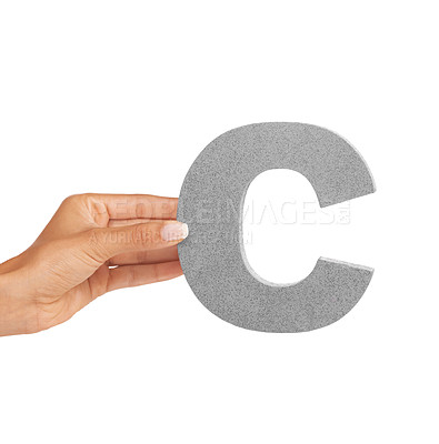Buy stock photo Hands, alphabet and capital letter c in studio isolated on a white background mockup space. Fingers, font and closeup of sign for typo, communication or learning language, character or uppercase icon