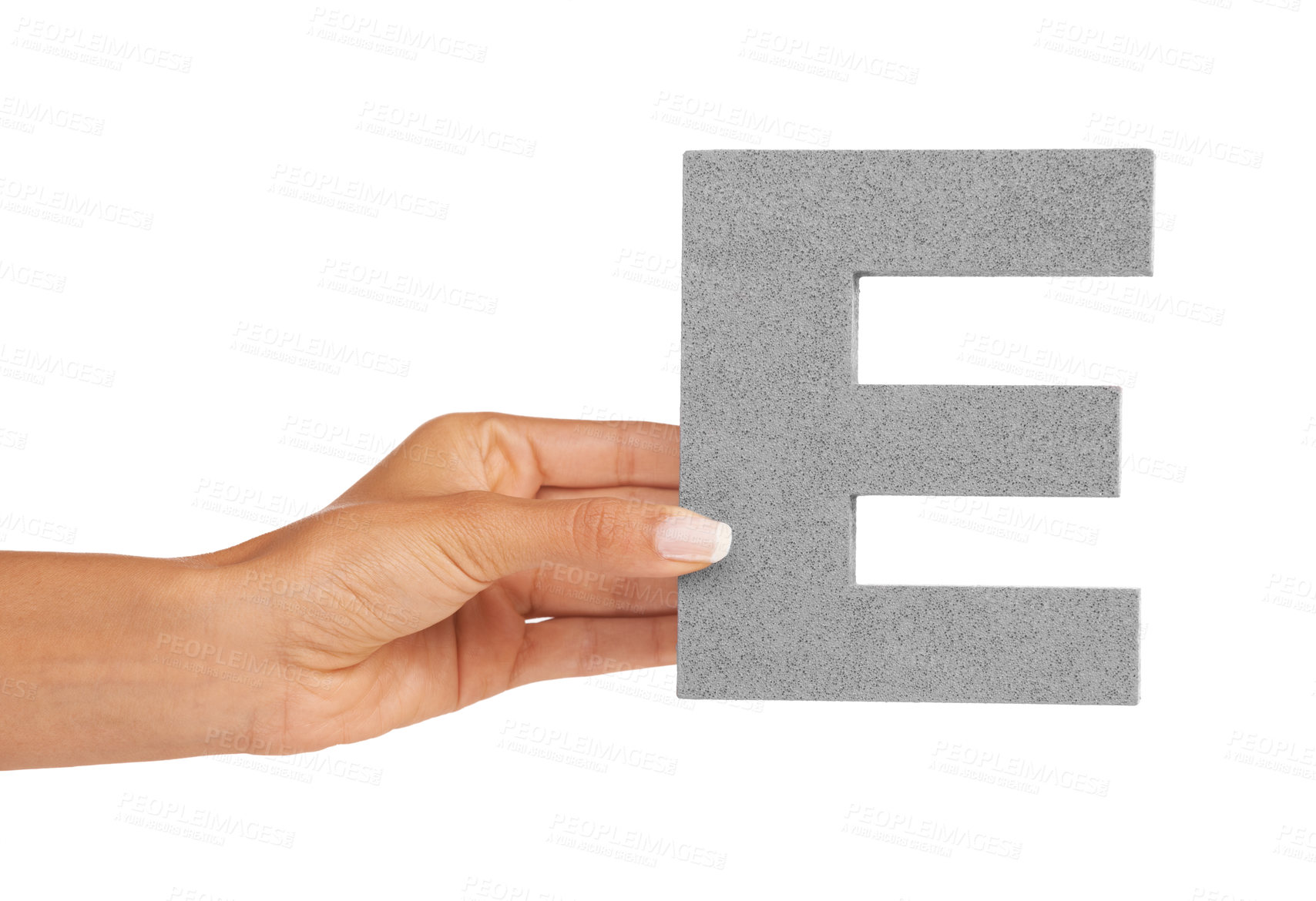 Buy stock photo Hand, capital letter E and presentation of vowel isolated on white background with woman. Character, font and palm showing English alphabet typeface for communication, reading and writing in studio.