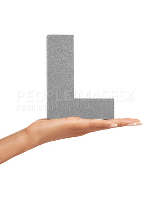 Buy stock photo Alphabet, hand and L font in studio for advertising, learning or teaching presentation. Sign, letter or character for marketing, text or communication and grammar or symbol on white background
