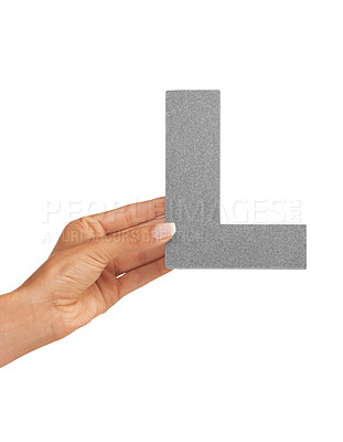 Buy stock photo Hands, alphabet and capital letter L in studio isolated on a white background mockup space. Fingers, font and closeup of sign for typo, communication or learning language, character or uppercase icon