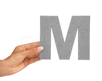 Buy stock photo Hands, font and capital letter M in studio isolated on a white background mockup space. Fingers, alphabet or closeup of sign for typography, communication or learning language, character or show icon
