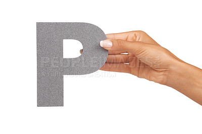 Buy stock photo Hands, font and capital letter P in studio isolated on a white background mockup space. Fingers, alphabet and closeup of sign for typo, communication or learning language, character or uppercase icon