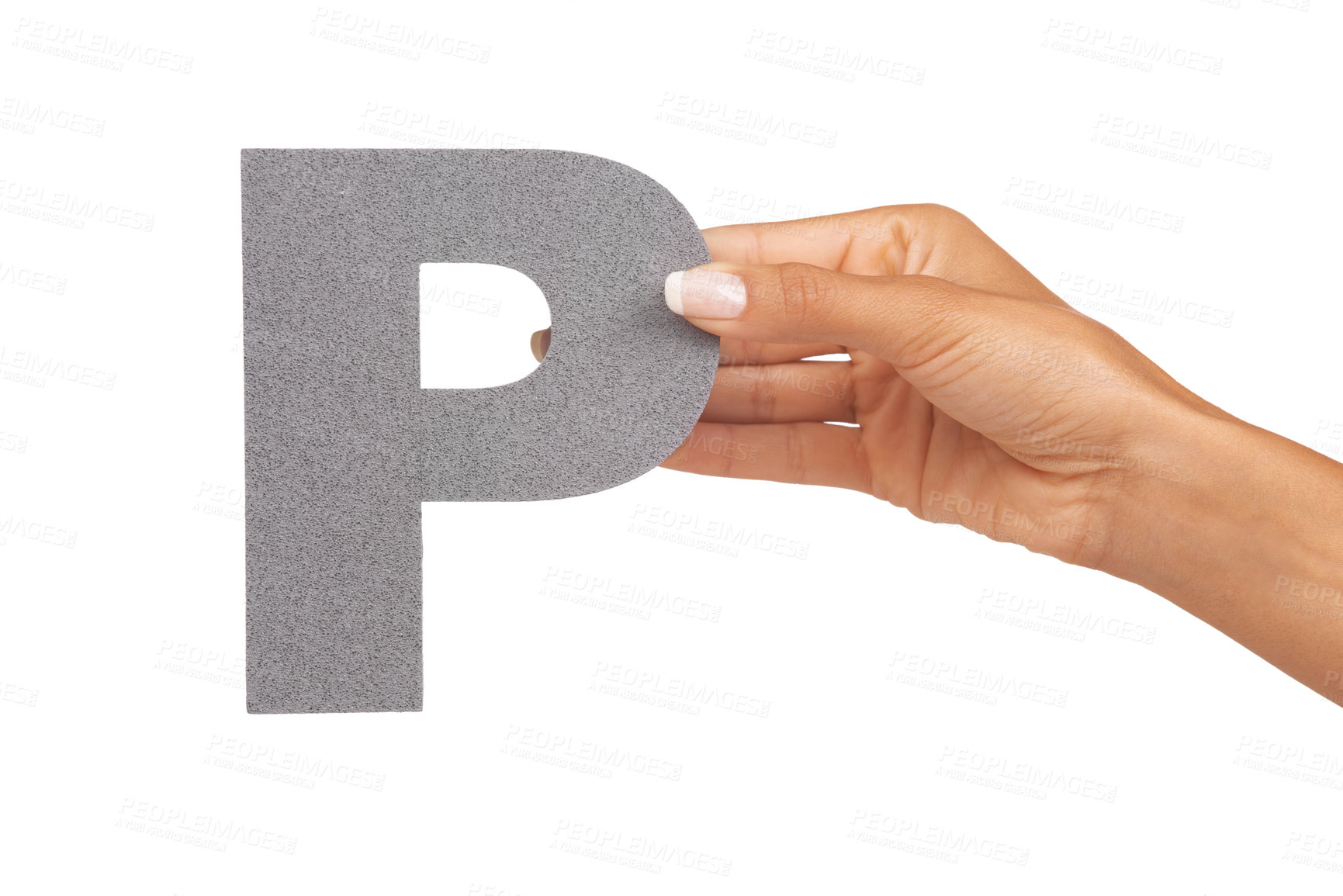 Buy stock photo Hands, font and capital letter P in studio isolated on a white background mockup space. Fingers, alphabet and closeup of sign for typo, communication or learning language, character or uppercase icon