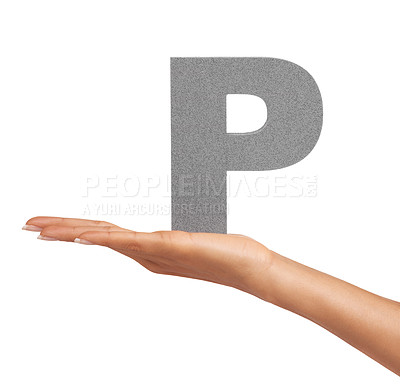 Buy stock photo Woman, hand and letter P or alphabet in studio for marketing, learning or teaching presentation. Sign, font or character for icon, text or communication and grammar or symbol on white background