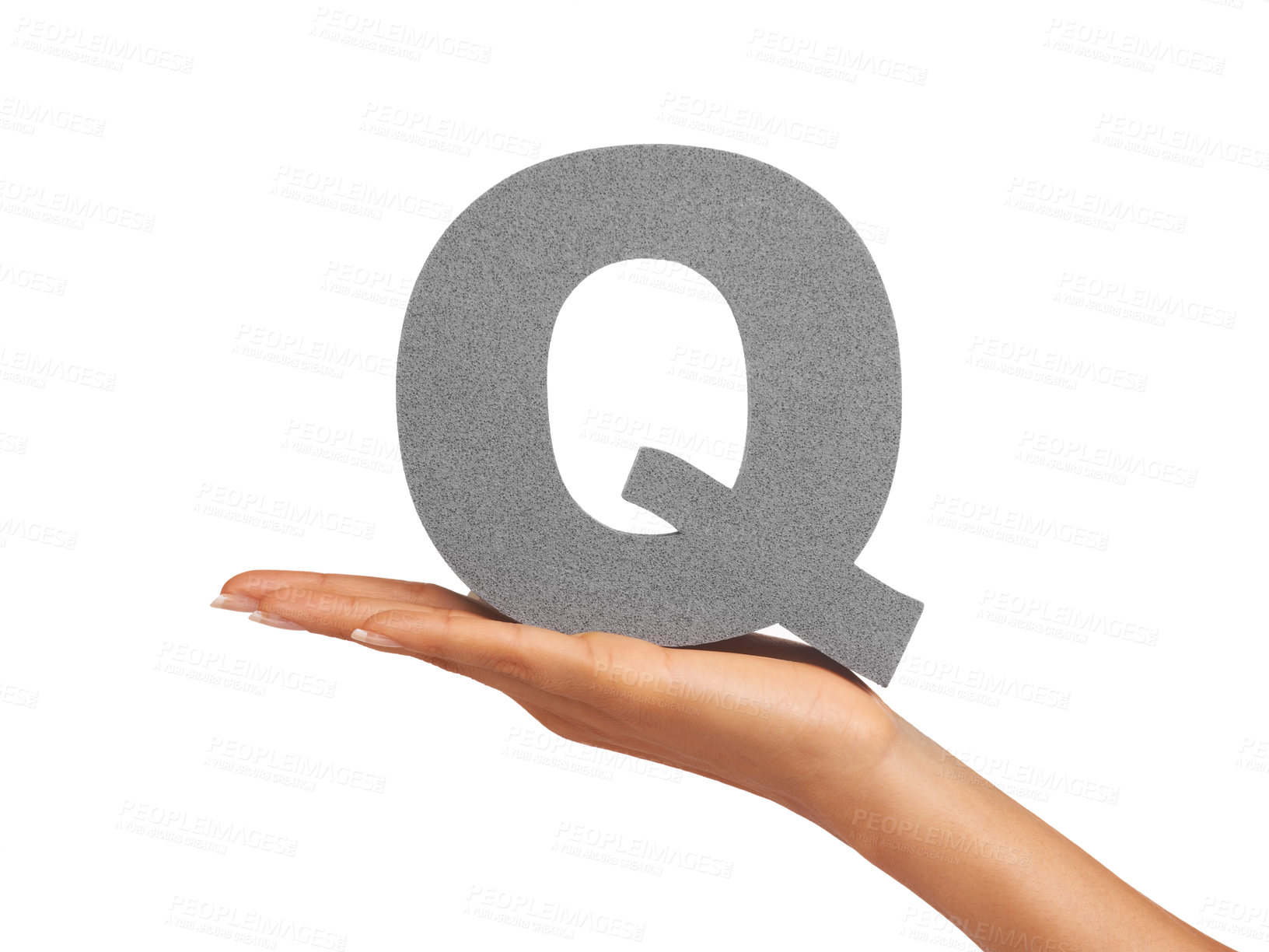 Buy stock photo Woman, hand and letter Q or font in studio for advertising, learning or teaching presentation. Sign, alphabet or character for marketing, text or communication and grammar symbol on white background