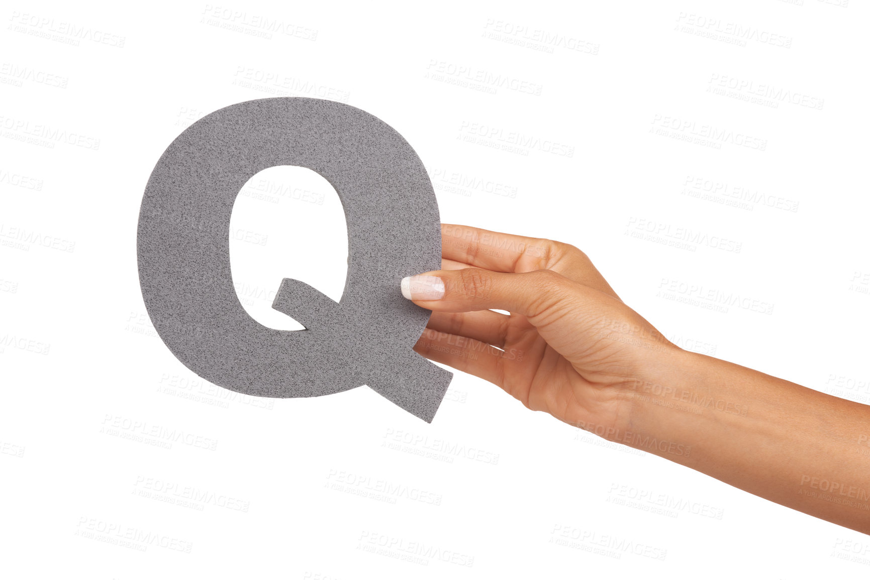 Buy stock photo Hand, capital letter and spelling q in studio and education or alphabet by white background. Text, language and learning or font in mockup, words and knowledge or development, literacy and english 