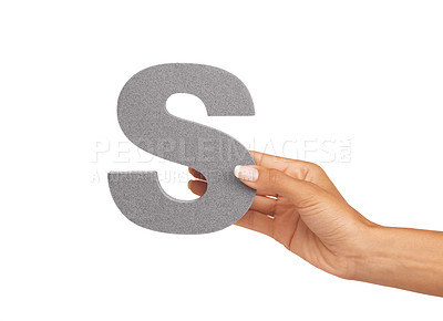 Buy stock photo S, alphabet and hand with letter on a white background for spelling, language and message. English, communication and isolated sign, symbol and icon on palm in studio for learning, education and font