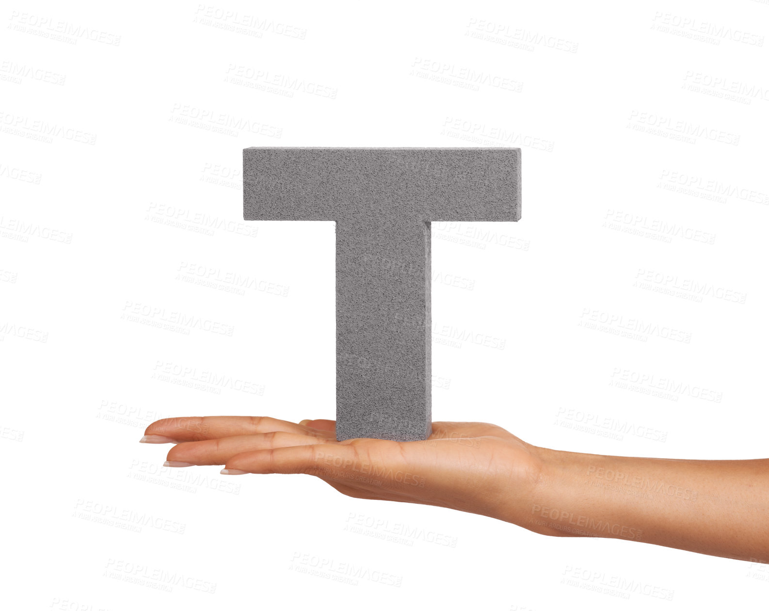 Buy stock photo Woman, hand and letter T or alphabet in studio for advertising, learning and teaching presentation. Sign, font and character for text and communication or grammar and symbol on white background