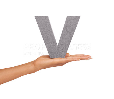 Buy stock photo V, alphabet and hand with letter on a white background for spelling, language and message. English, communication and isolated sign, symbol and icon on palm in studio for learning, education and font