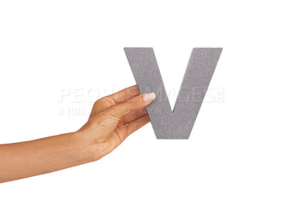 Buy stock photo Hands, font and capital letter V in studio isolated on a white background mockup space. Fingers, alphabet and closeup of sign for typo, communication or learning language, character or uppercase icon