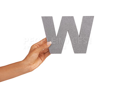 Buy stock photo Hands, font and capital letter w in studio isolated on a white background mockup space. Fingers, alphabet and closeup of sign for typo, communication or learning language, character or uppercase icon