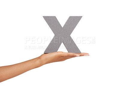 Buy stock photo Woman, hand and x letter or alphabet in studio for marketing, learning or teaching on mock up. Sign, font or character for marketing, text or communication and grammar or symbol on white background