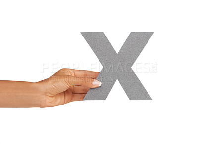 Buy stock photo Hands, font and capital letter X in studio isolated on a white background mockup. Fingers, alphabet and closeup of sign for typo, communication or learning language, character or show uppercase icon